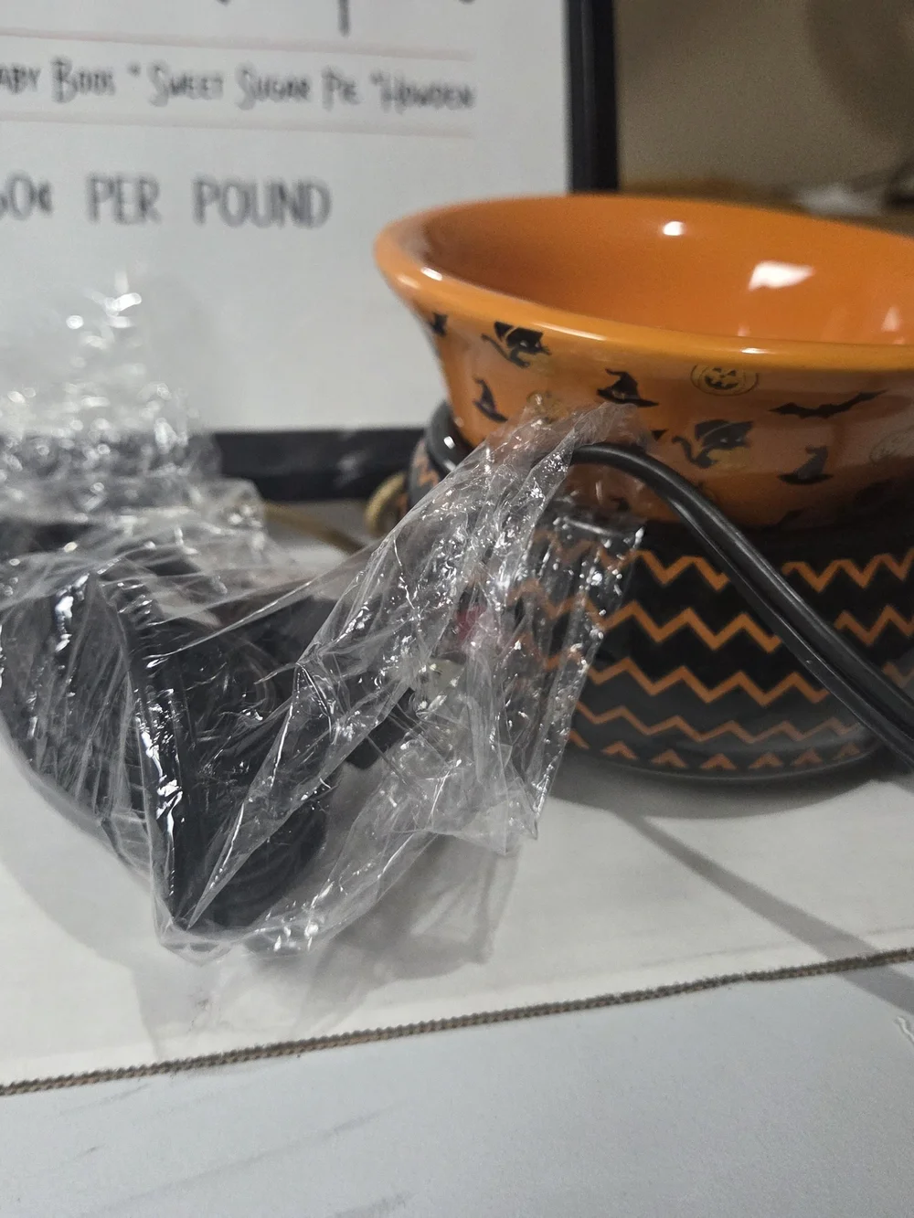 Pink Zebra Orange & Black Halloween Ceramic Warmer - Bat and Chevron Design
